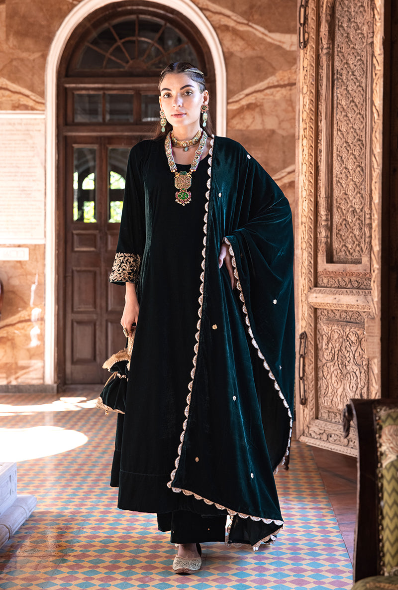 Deep Green Heavy Cuff A-line Velvet Aarzoo Kurta Set