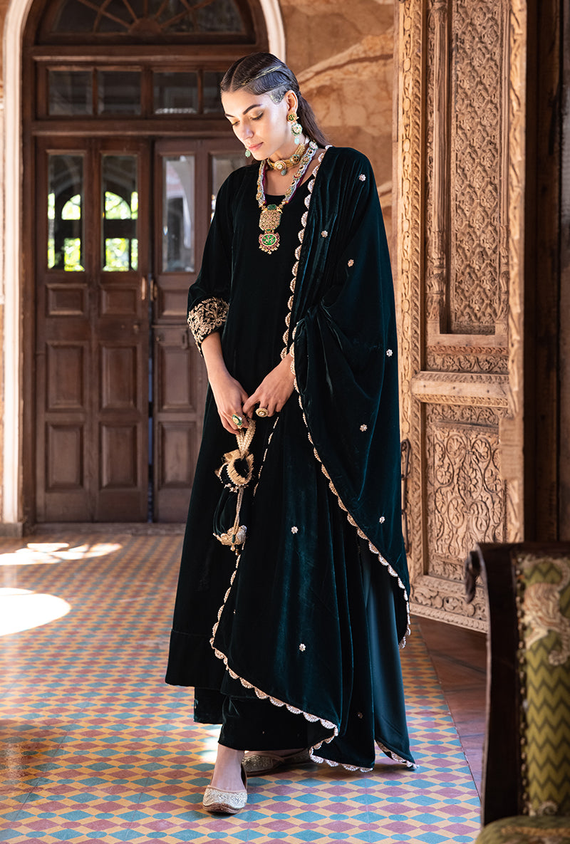 Deep Green Heavy Cuff A-line Velvet Aarzoo Kurta Set