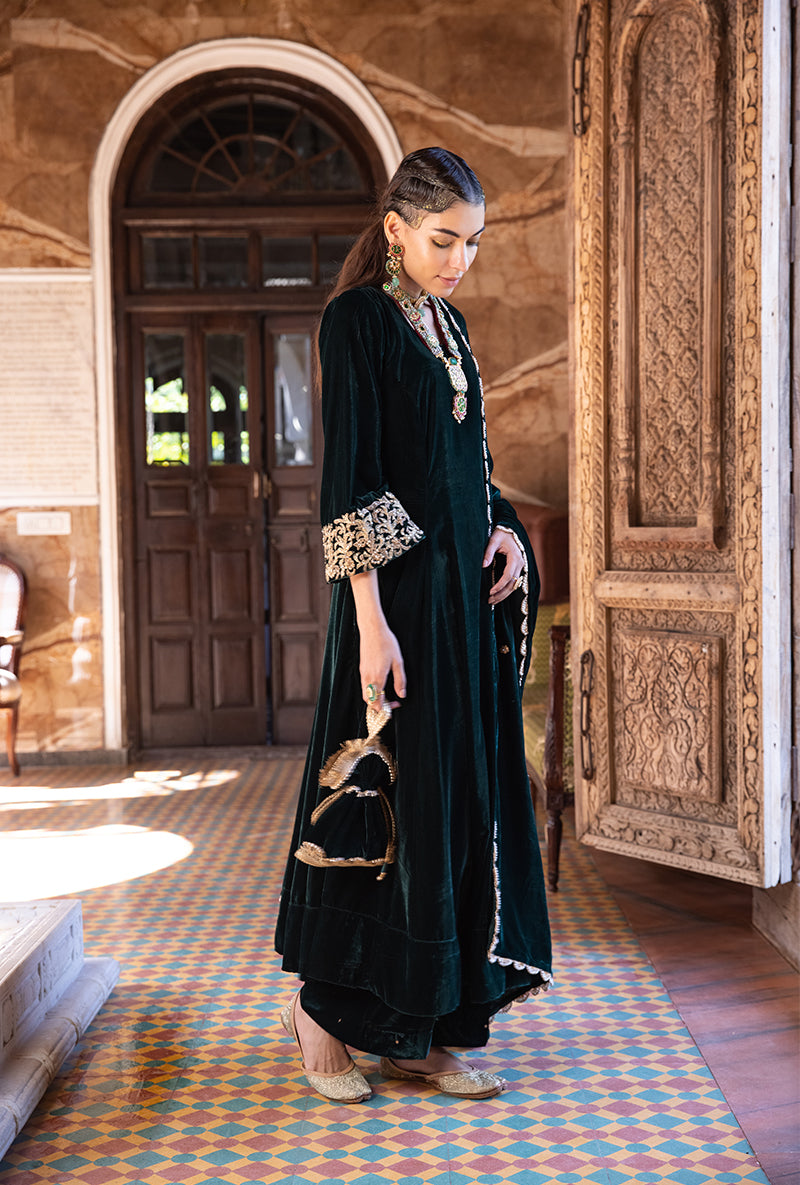 Deep Green Heavy Cuff A-line Velvet Aarzoo Kurta Set