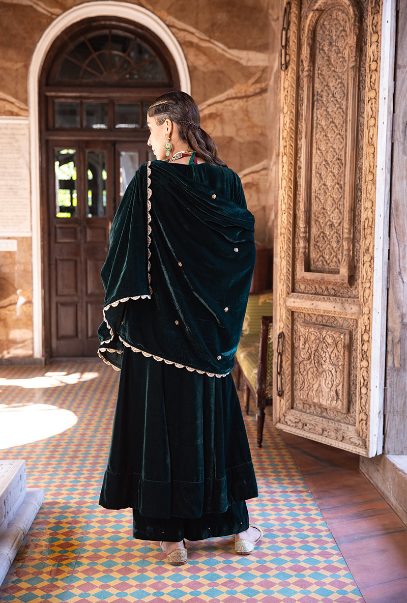Deep Green Heavy Cuff A-line Velvet Aarzoo Kurta Set