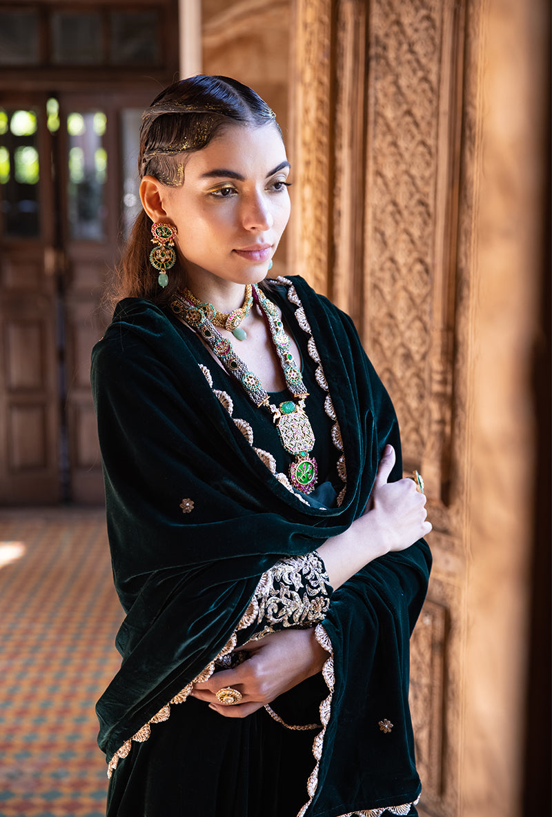 Deep Green Heavy Cuff A-line Velvet Aarzoo Kurta Set