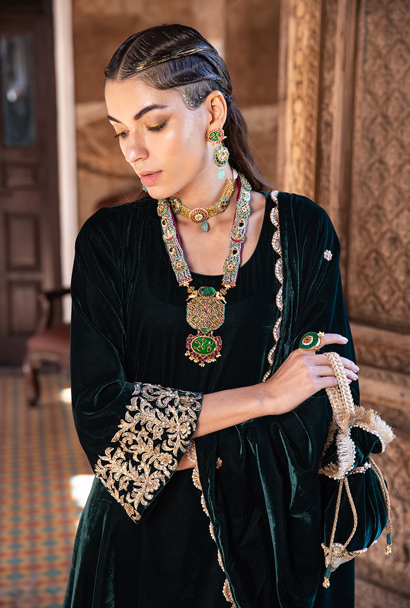 Deep Green Heavy Cuff A-line Velvet Aarzoo Kurta Set
