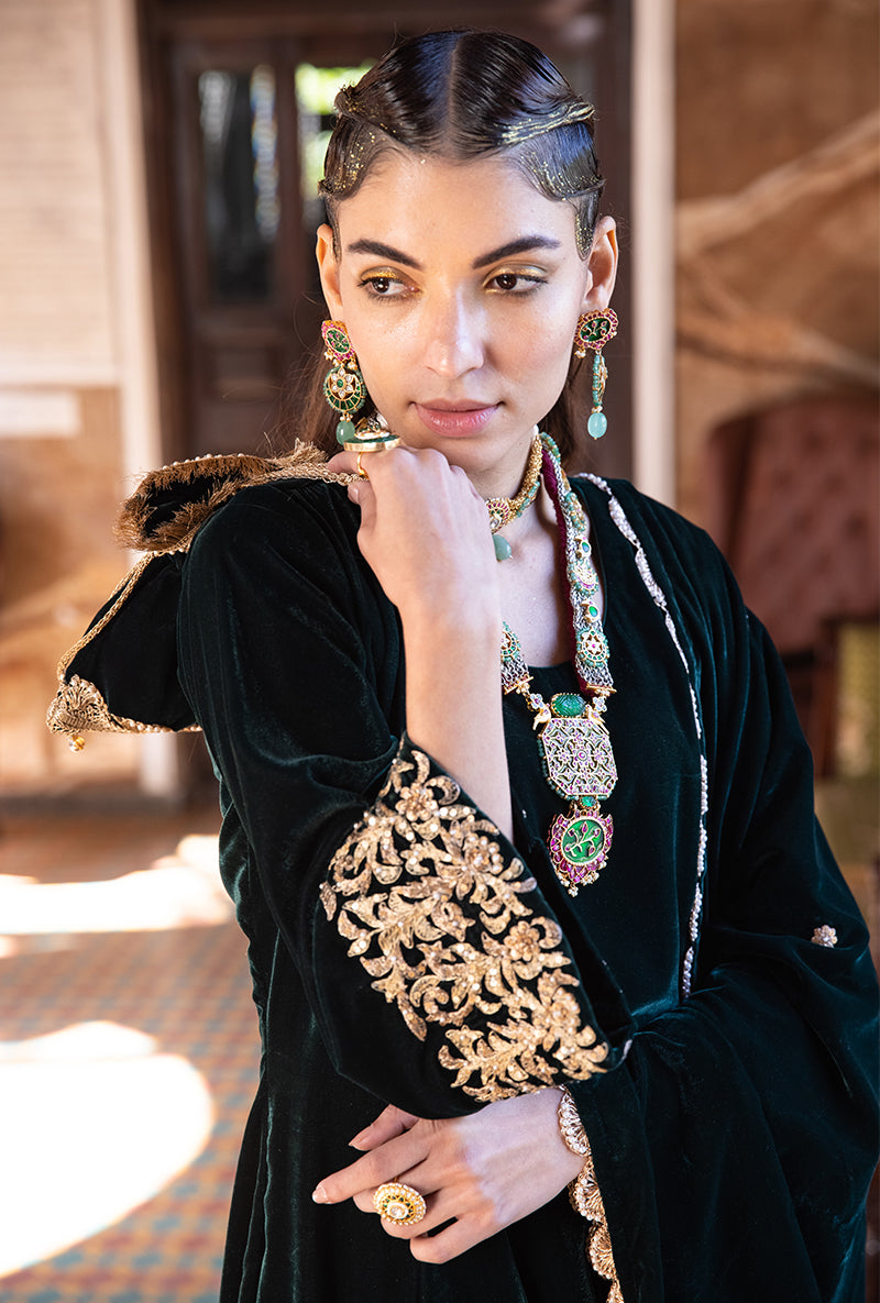 Deep Green Heavy Cuff A-line Velvet Aarzoo Kurta Set