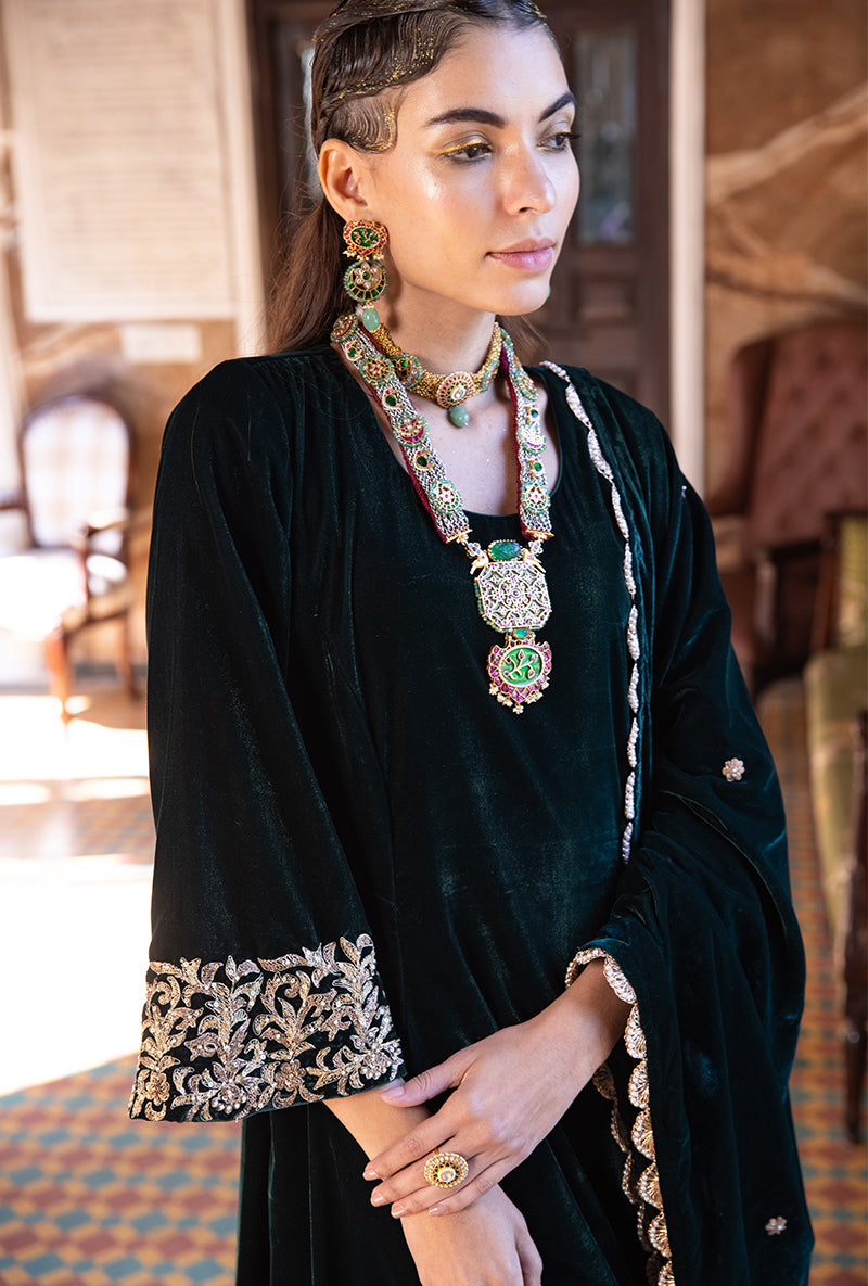 Deep Green Heavy Cuff A-line Velvet Aarzoo Kurta Set