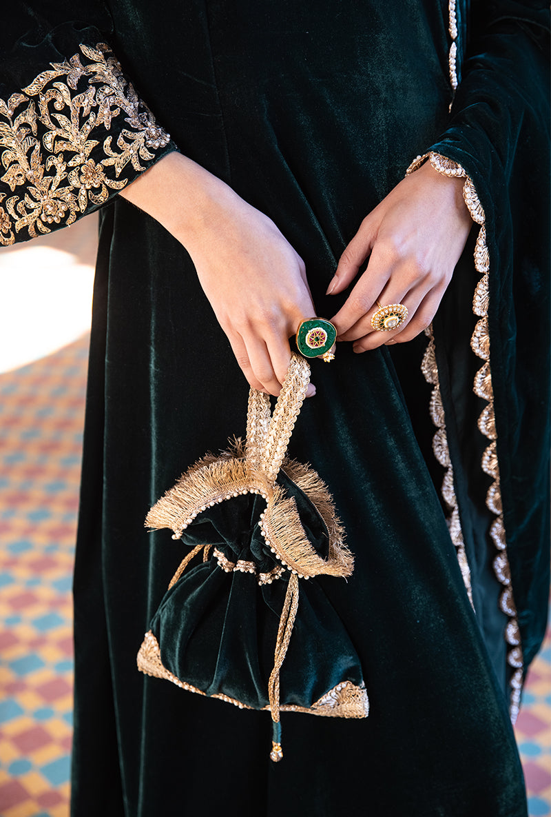 Deep Green Heavy Cuff A-line Velvet Aarzoo Kurta Set