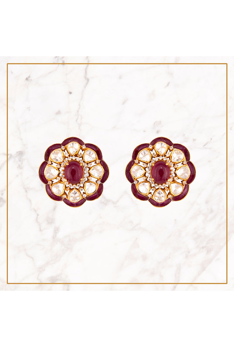 Gold Plated Silver Ear Studs With Polki & Red Stone