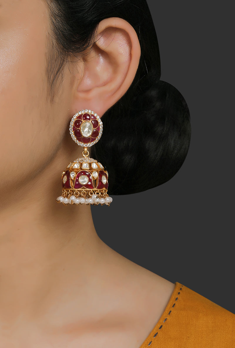 Gold Plated Silver Polki & Red Utarai Jhumki With Pearl Drops