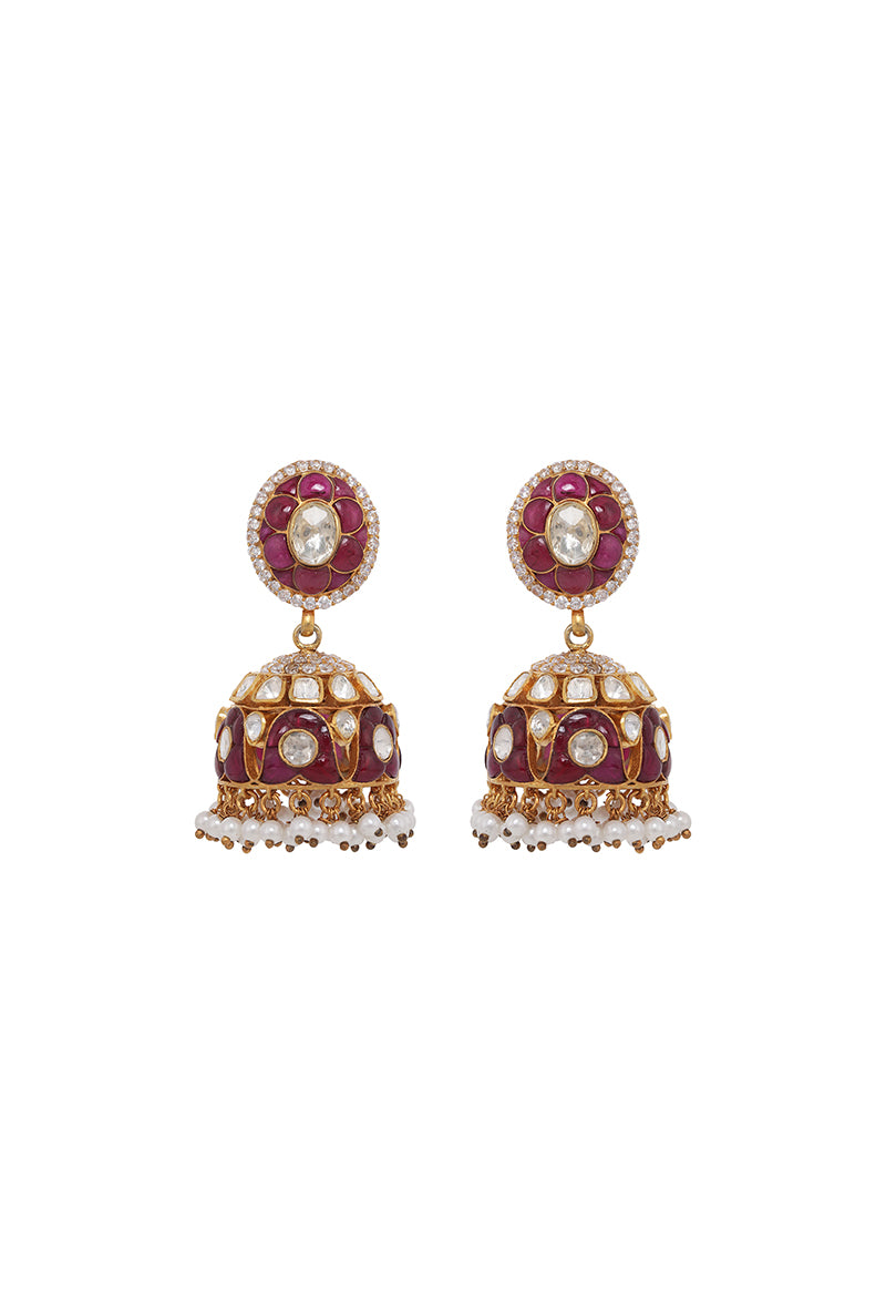Gold Plated Silver Polki & Red Utarai Jhumki With Pearl Drops