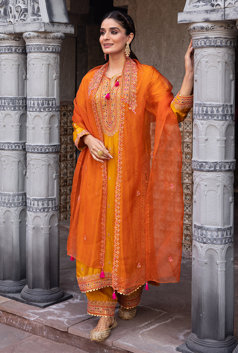 Mustard Heavy Marodi Long Ulfat Kurta Set