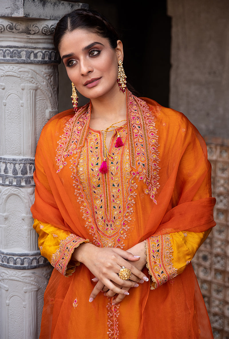 Mustard Heavy Marodi Long Ulfat Kurta Set