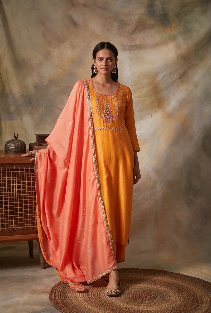 Orange Square Yoke Mahi Kurta Set