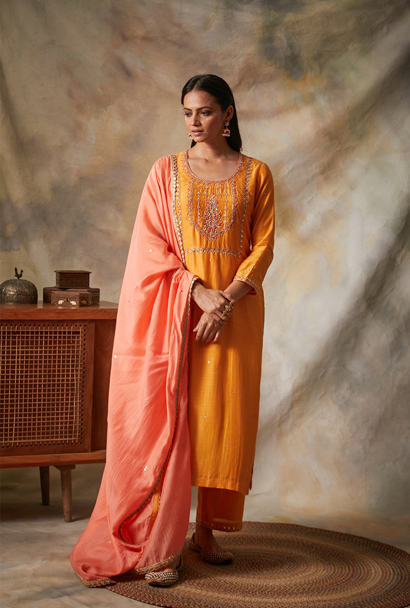 Orange Square Yoke Mahi Kurta Set