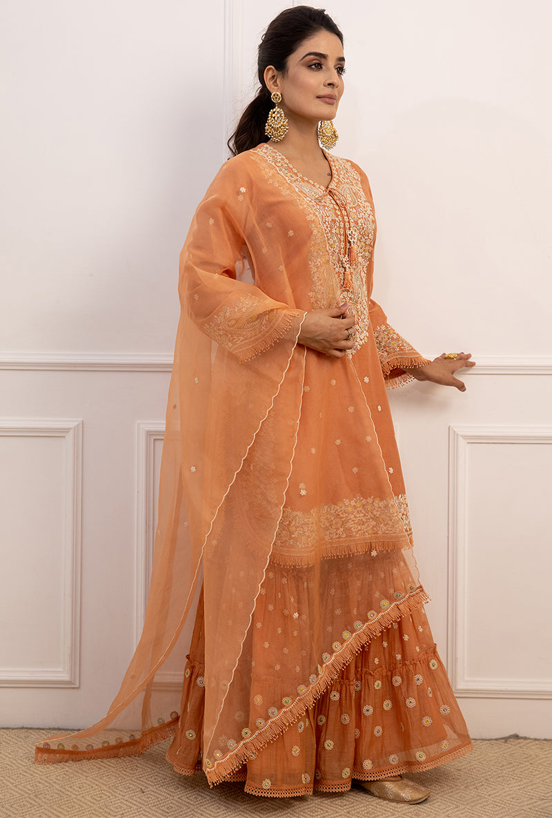 Peach Dori Paisley Aafreen Gharara Set