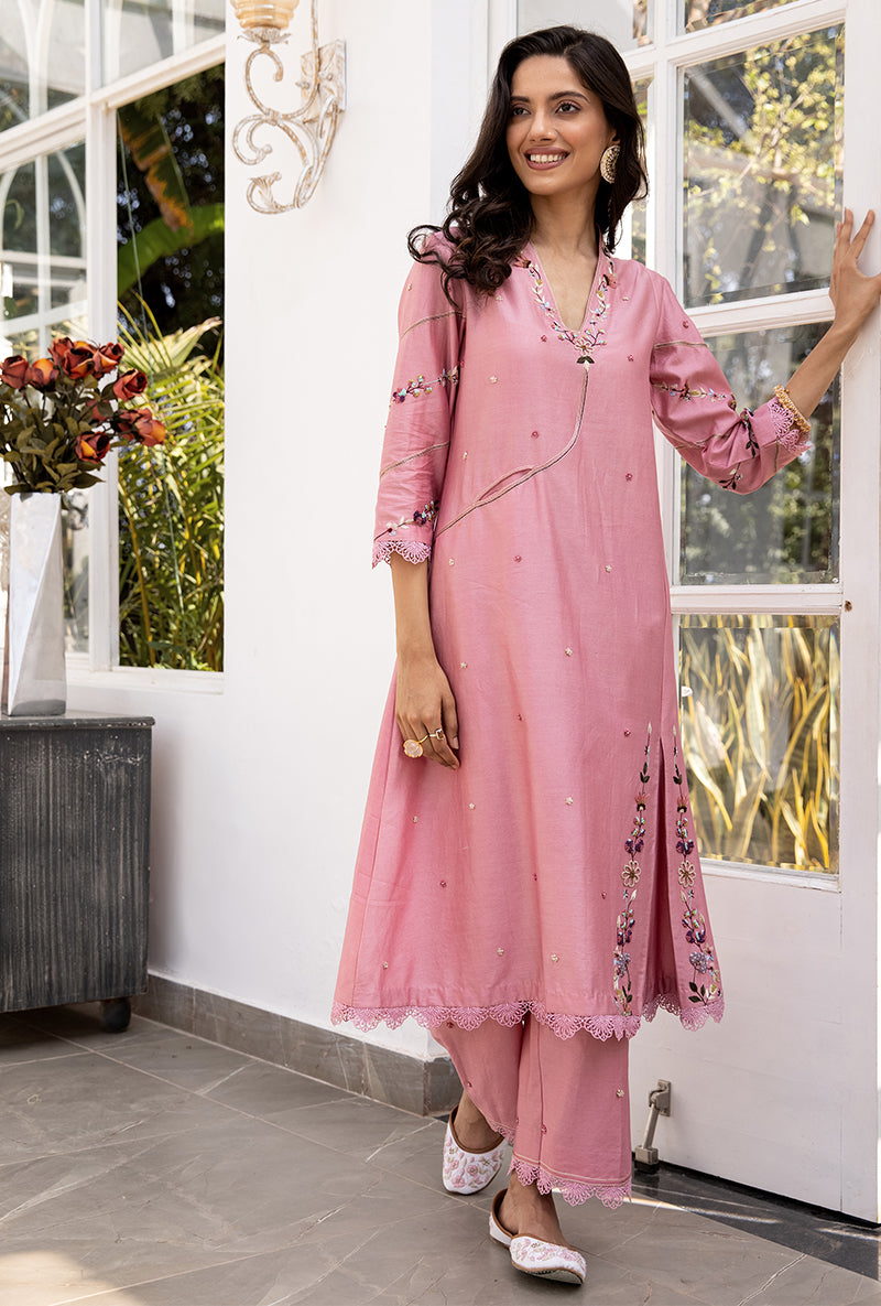 Pink French Knot Pocket Style Suhaani Kurta Set