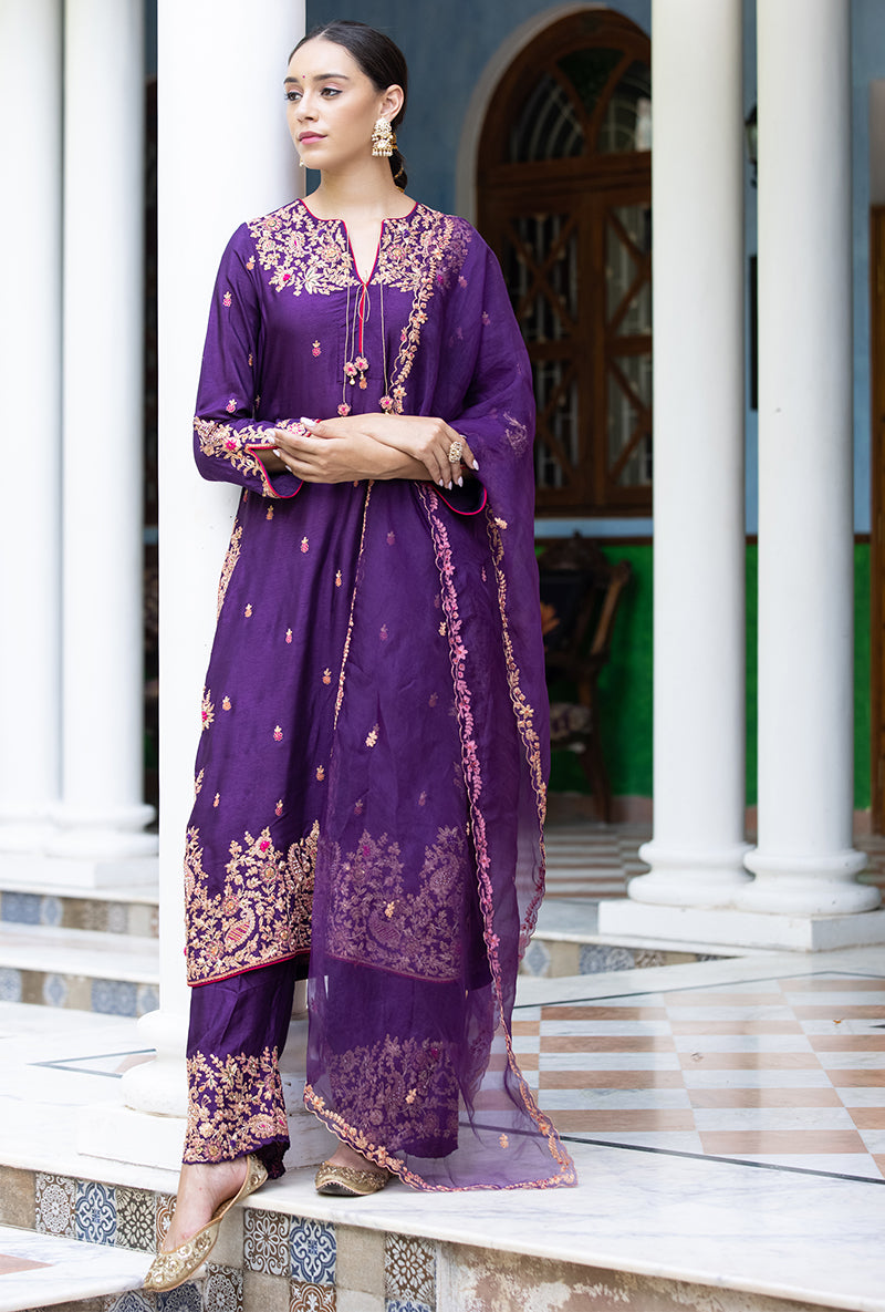 Purple Kairi Buta Jaal Long Zeenat Kurta Set