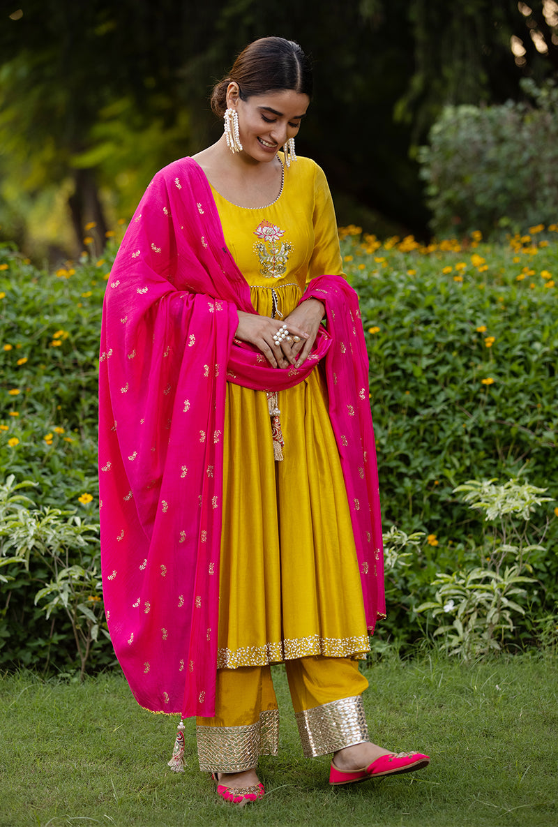 Yellow Front Open Motif Kurta Set