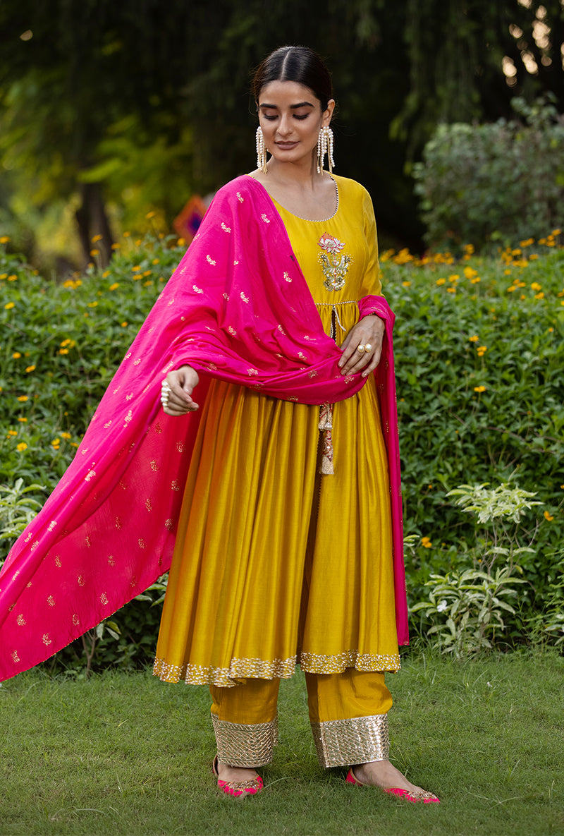 Yellow Front Open Motif Kurta Set