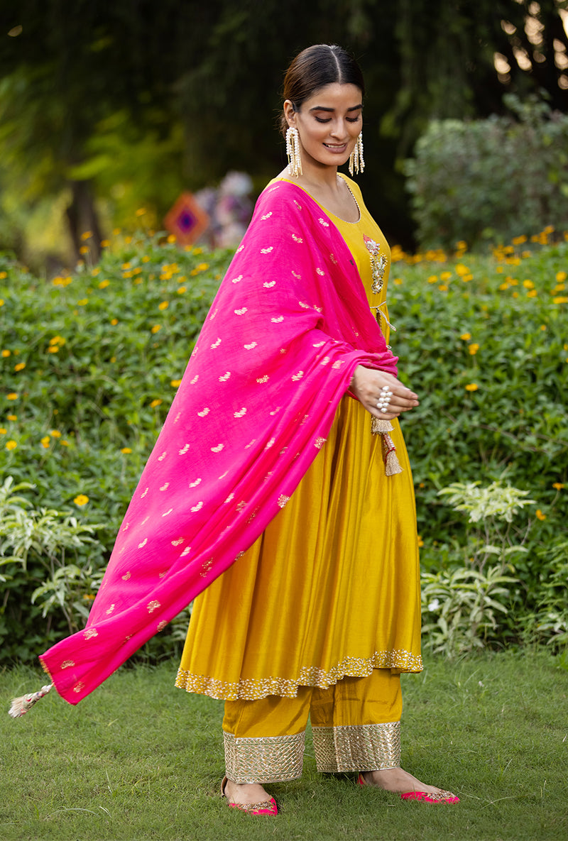 Yellow Front Open Motif Kurta Set
