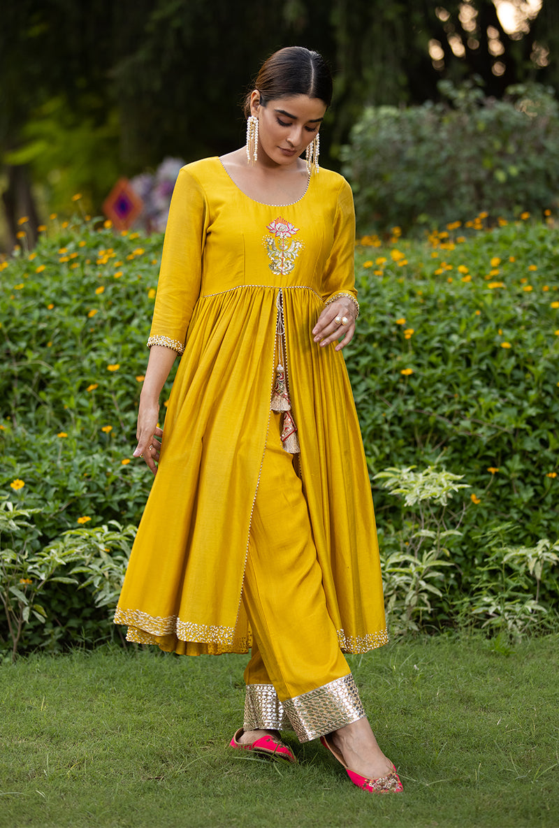 Yellow Front Open Motif Kurta Set