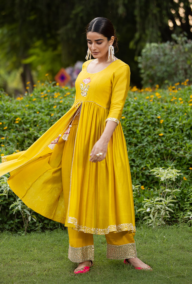 Yellow Front Open Motif Kurta Set