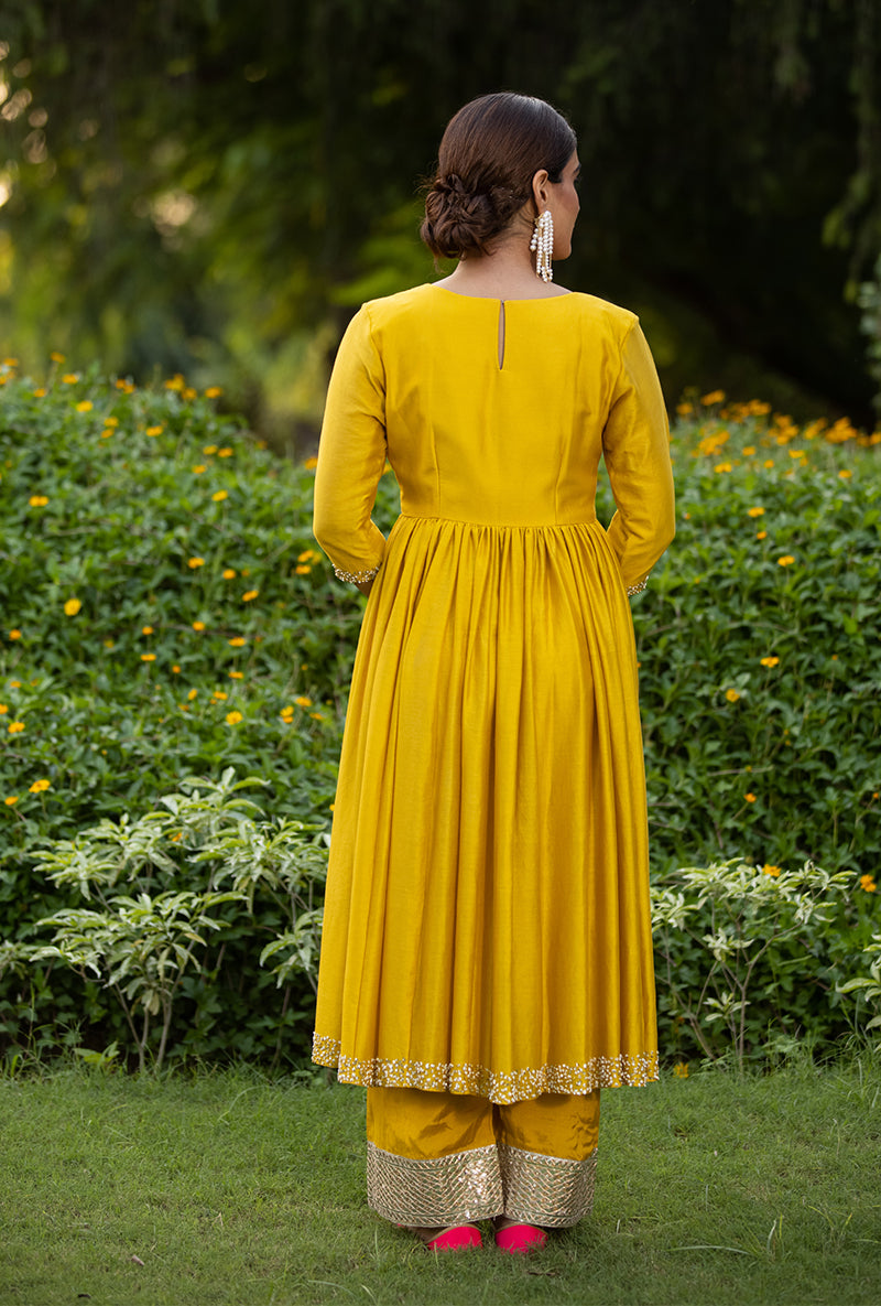 Yellow Front Open Motif Kurta Set