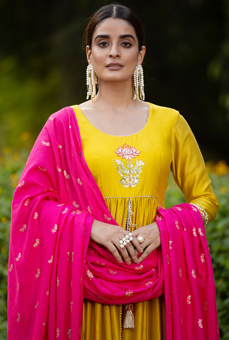 Yellow Front Open Motif Kurta Set