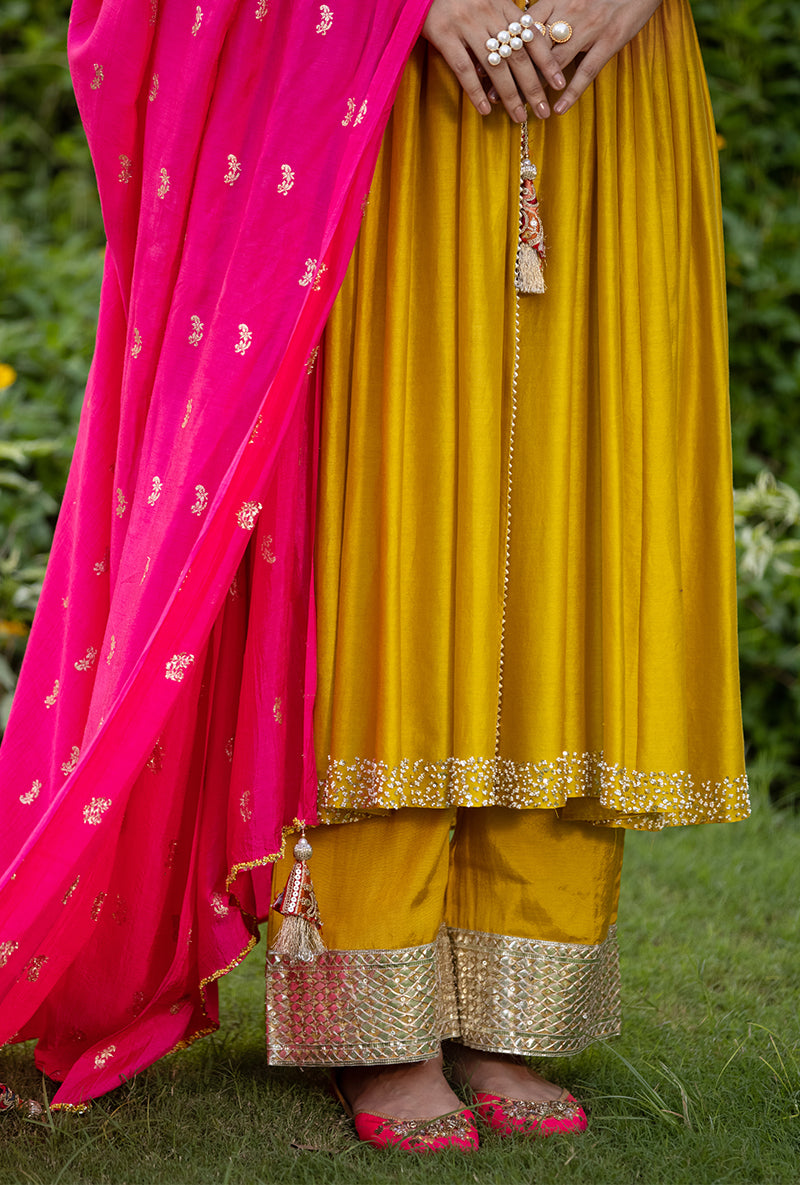 Yellow Front Open Motif Kurta Set