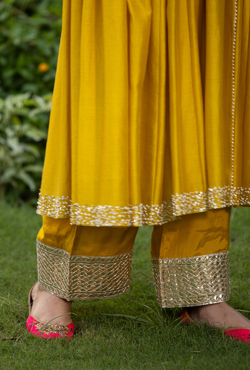 Yellow Front Open Motif Kurta Set