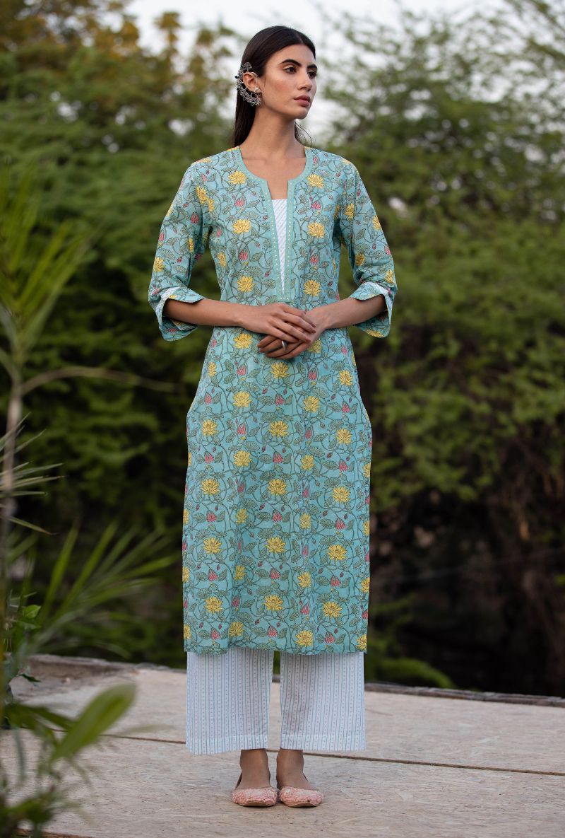 Aqua Sequin Pankhuri Kurta Set