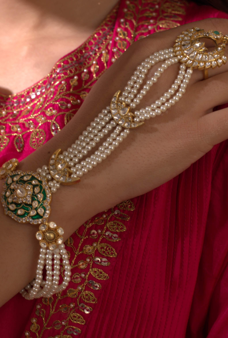 Gold Plated Silver Polki Hathphool With Green Enamel & Pearls