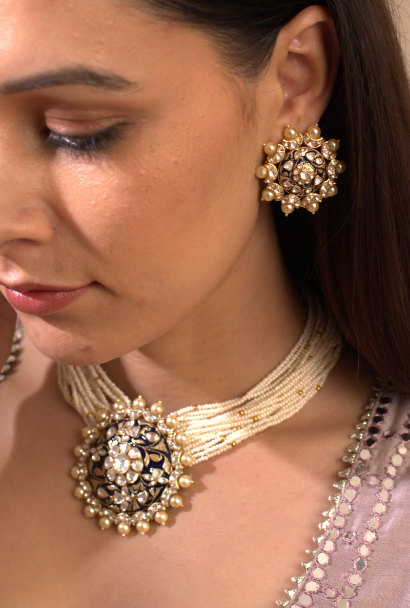 Gold Plated Silver Polki Pendant Necklace And Ear Studs With Blue Enamel & Pearls