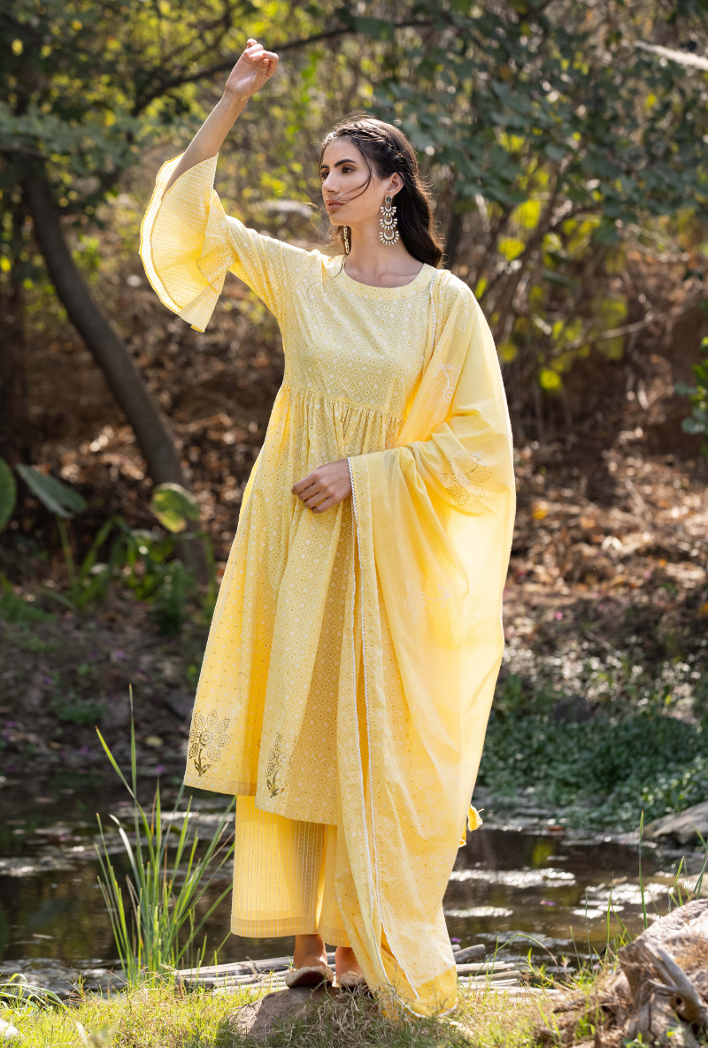 Yellow Frill Sleeve Titlie Anarkali Set