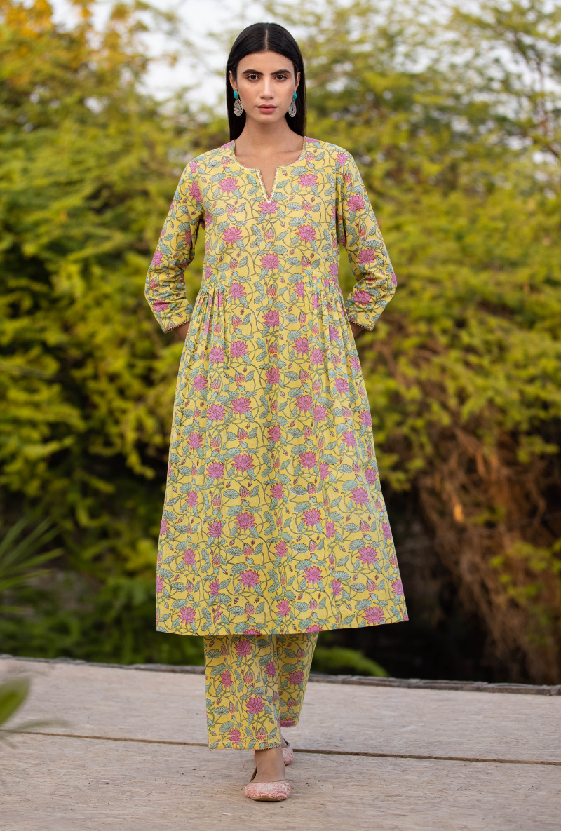 Yellow/Pink Pankhuri Anarkali Kurta Set