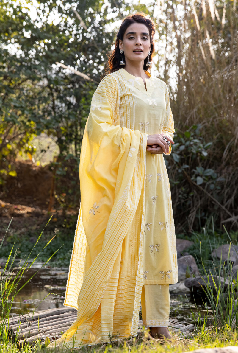 Yellow/Ivory Titlie Straight Panel Kurta Set