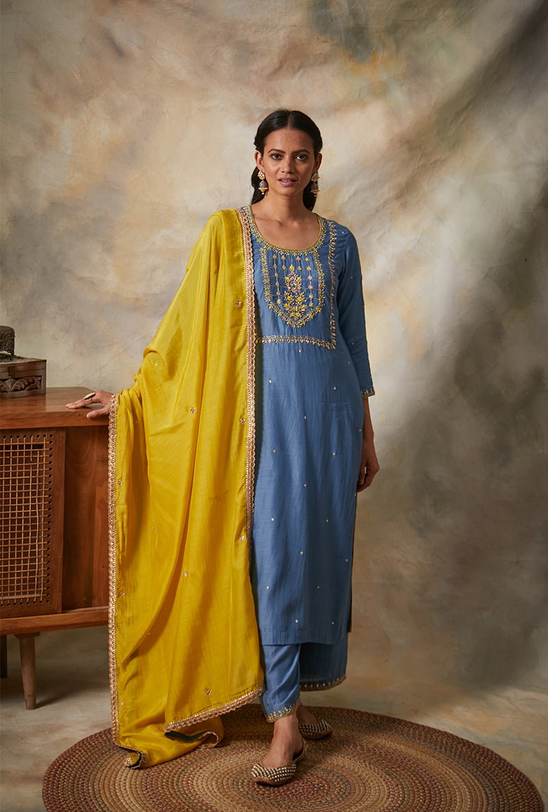 Blue Square Yoke Mahi Kurta Set