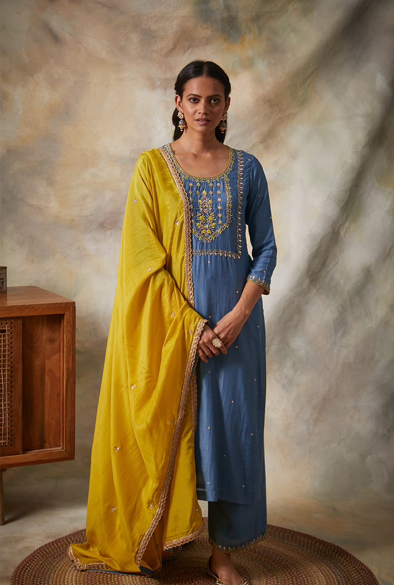 Blue Square Yoke Mahi Kurta Set