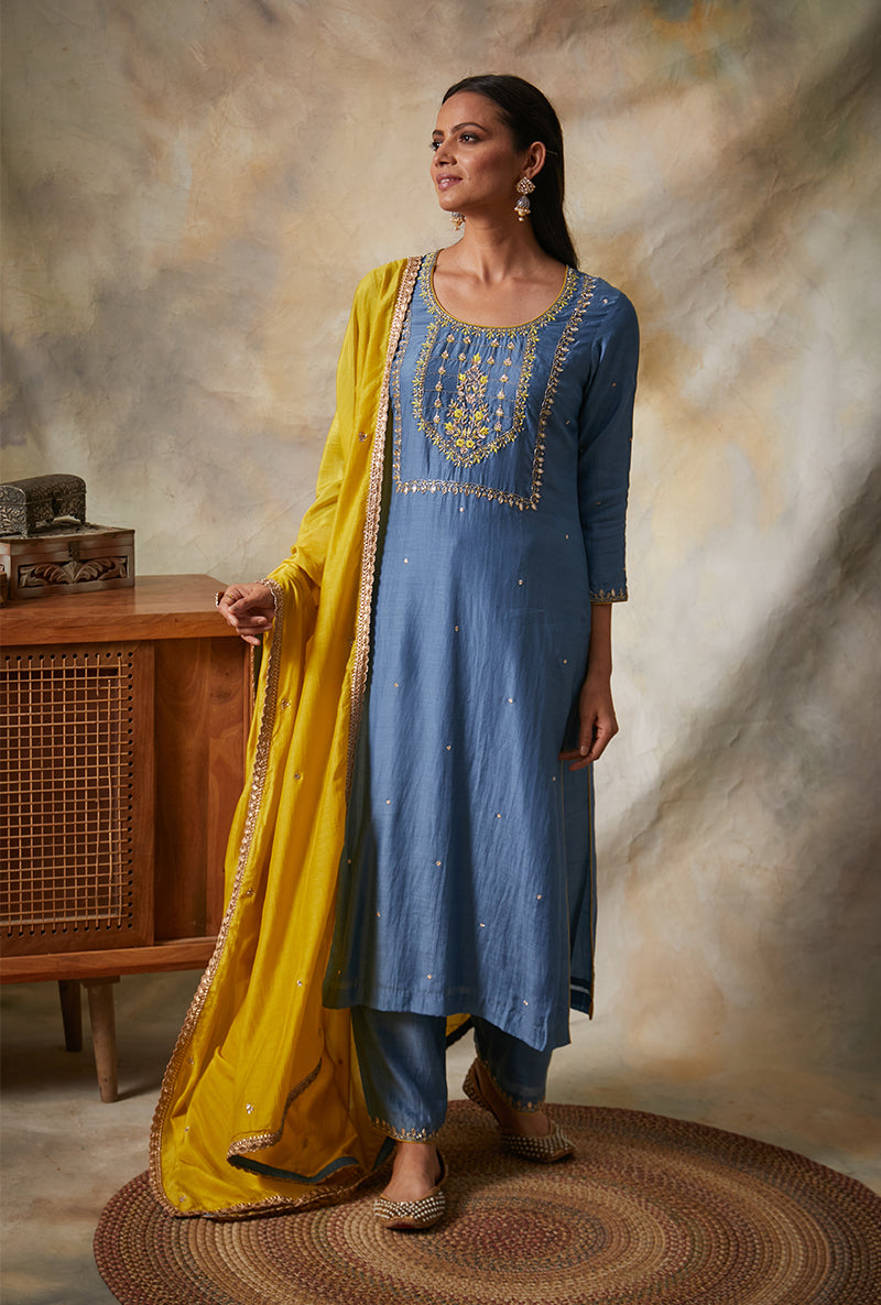 Blue Square Yoke Mahi Kurta Set
