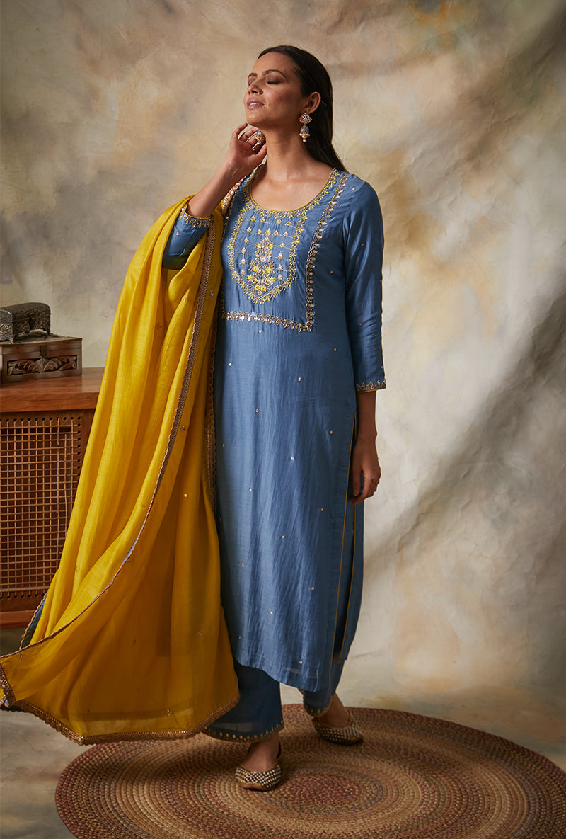 Blue Square Yoke Mahi Kurta Set