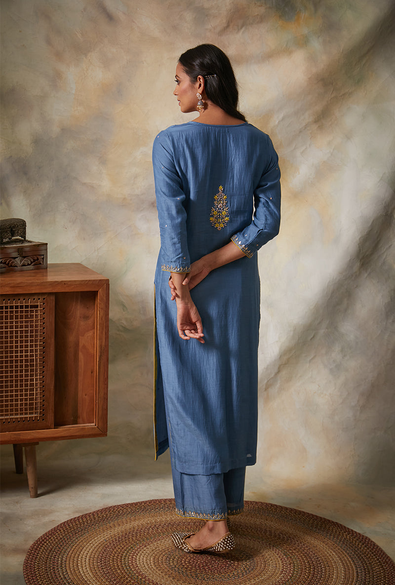 Blue Square Yoke Mahi Kurta Set
