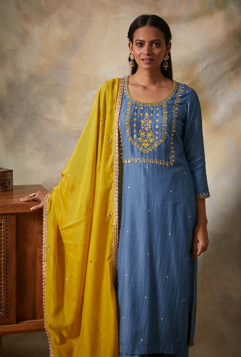 Blue Square Yoke Mahi Kurta Set