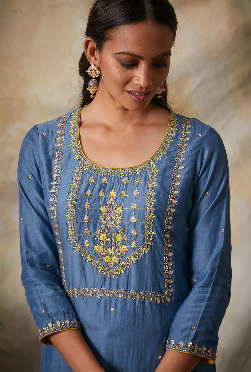 Blue Square Yoke Mahi Kurta Set