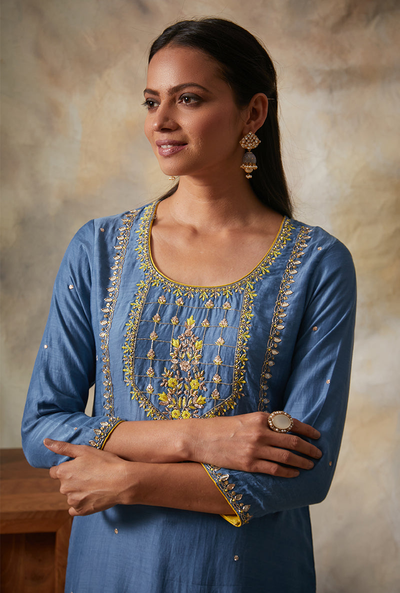 Blue Square Yoke Mahi Kurta Set
