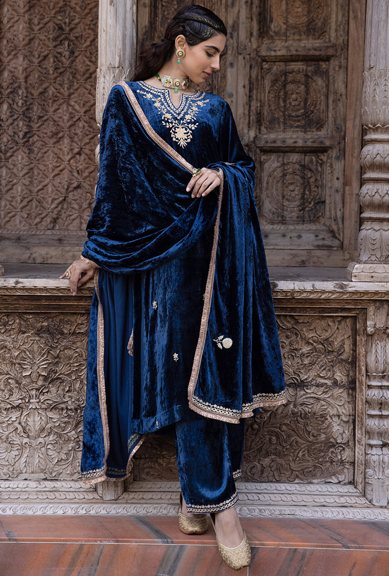 Blue Velvet Heavy Neck Falak Kurta Set