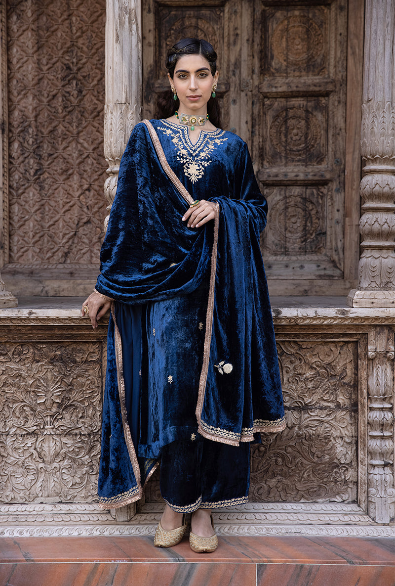 Blue Velvet Heavy Neck Falak Kurta Set