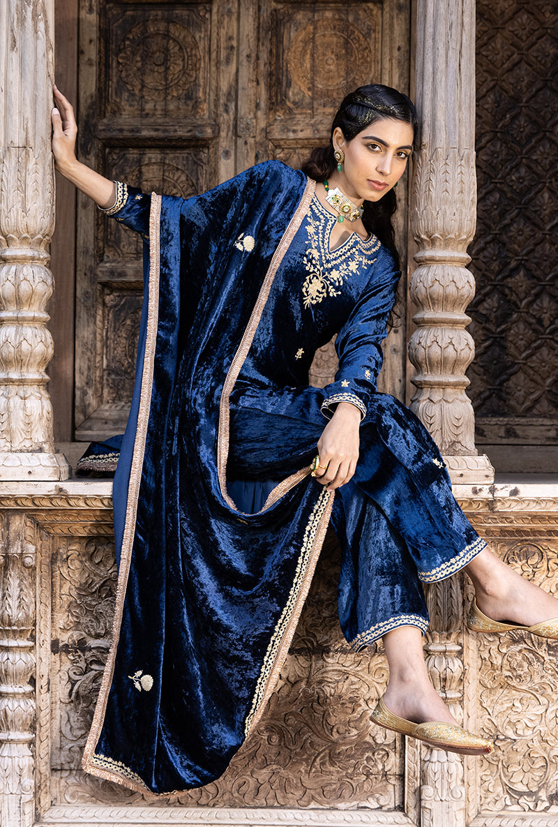 Blue Velvet Heavy Neck Falak Kurta Set