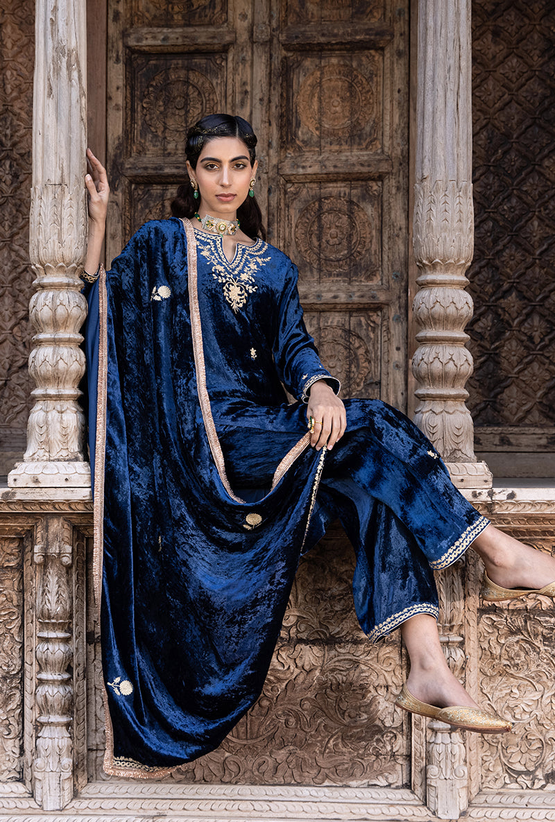 Blue Velvet Heavy Neck Falak Kurta Set