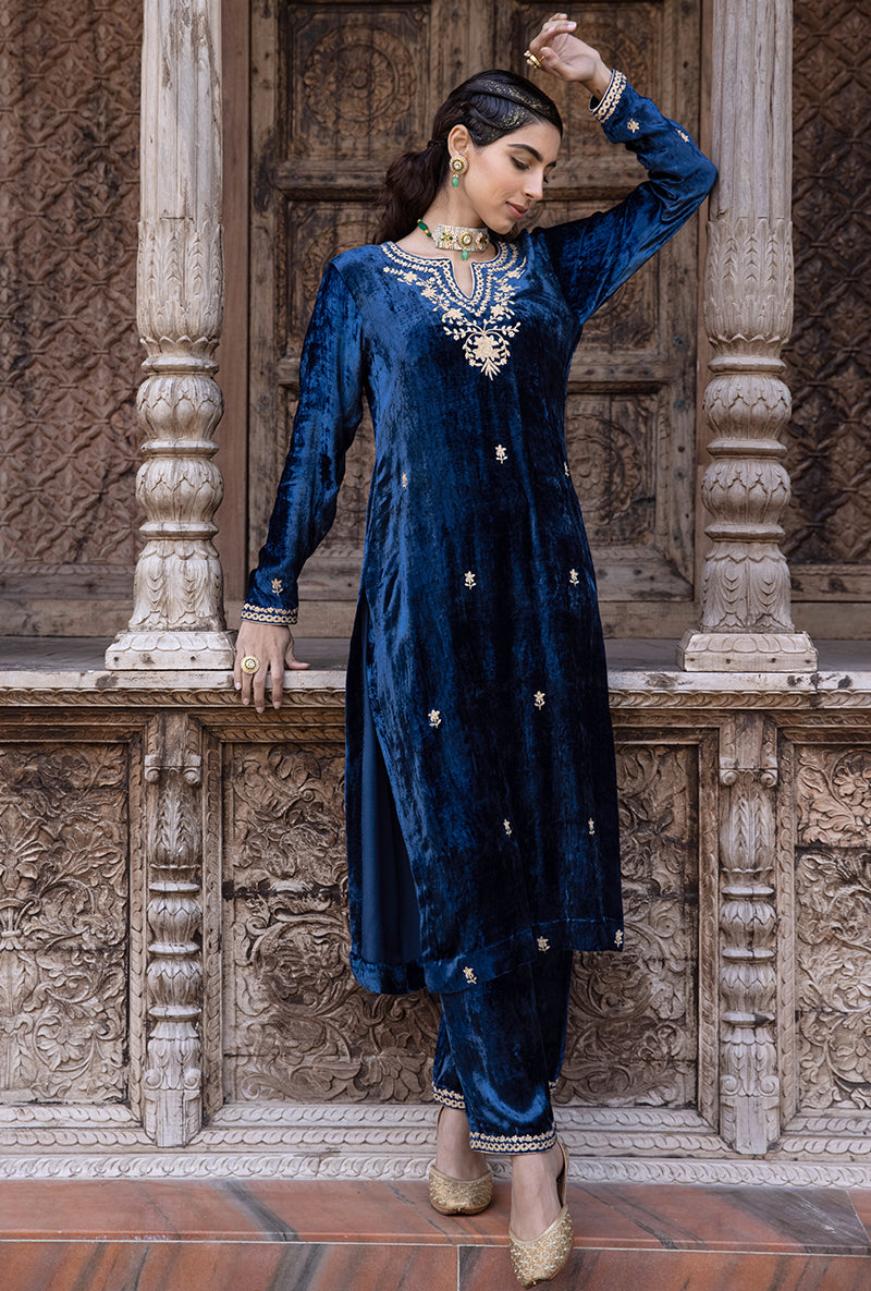 Blue Velvet Heavy Neck Falak Kurta Set