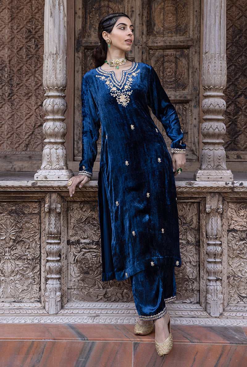 Blue Velvet Heavy Neck Falak Kurta Set