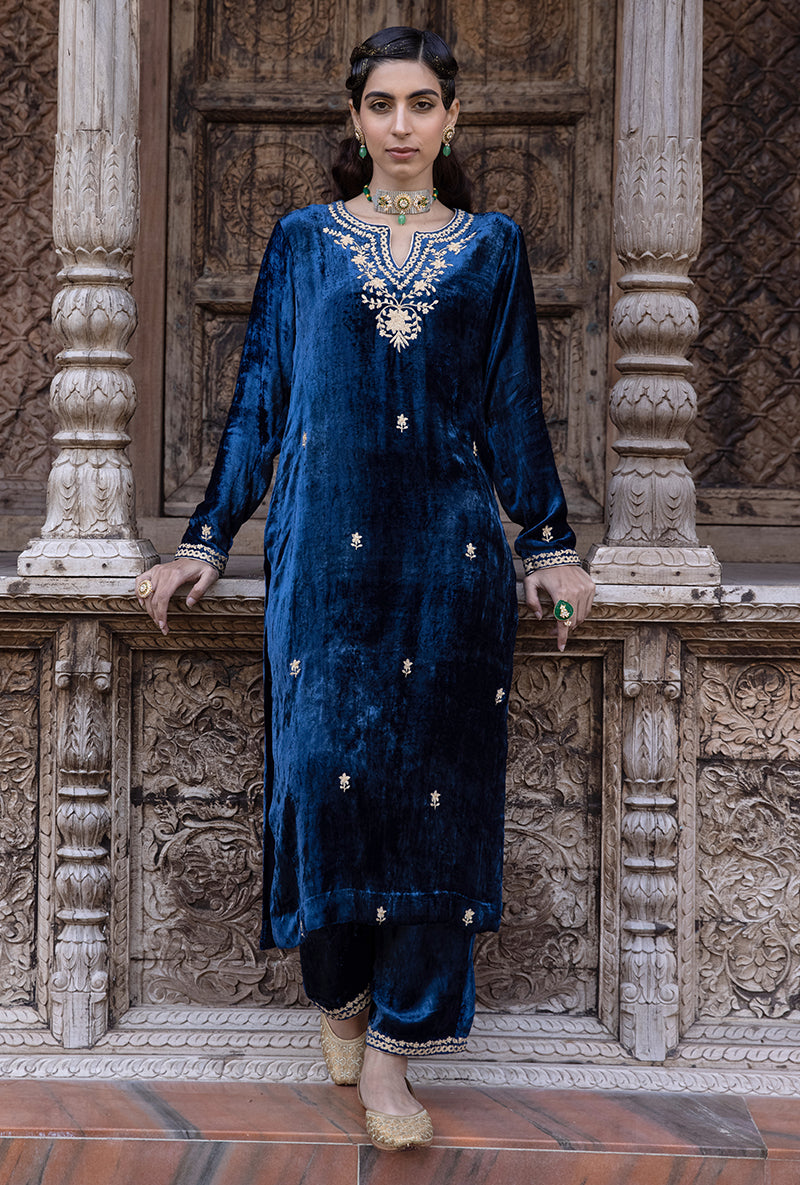 Blue Velvet Heavy Neck Falak Kurta Set