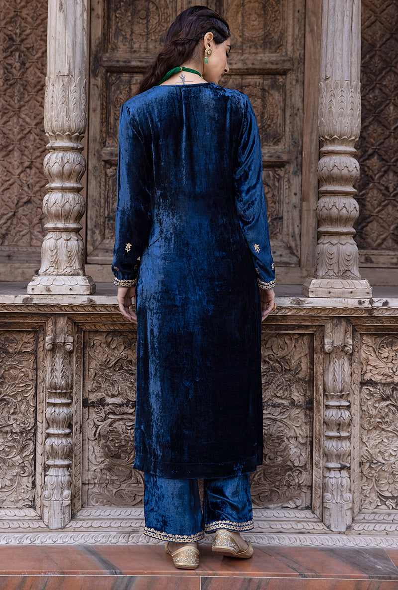 Blue Velvet Heavy Neck Falak Kurta Set